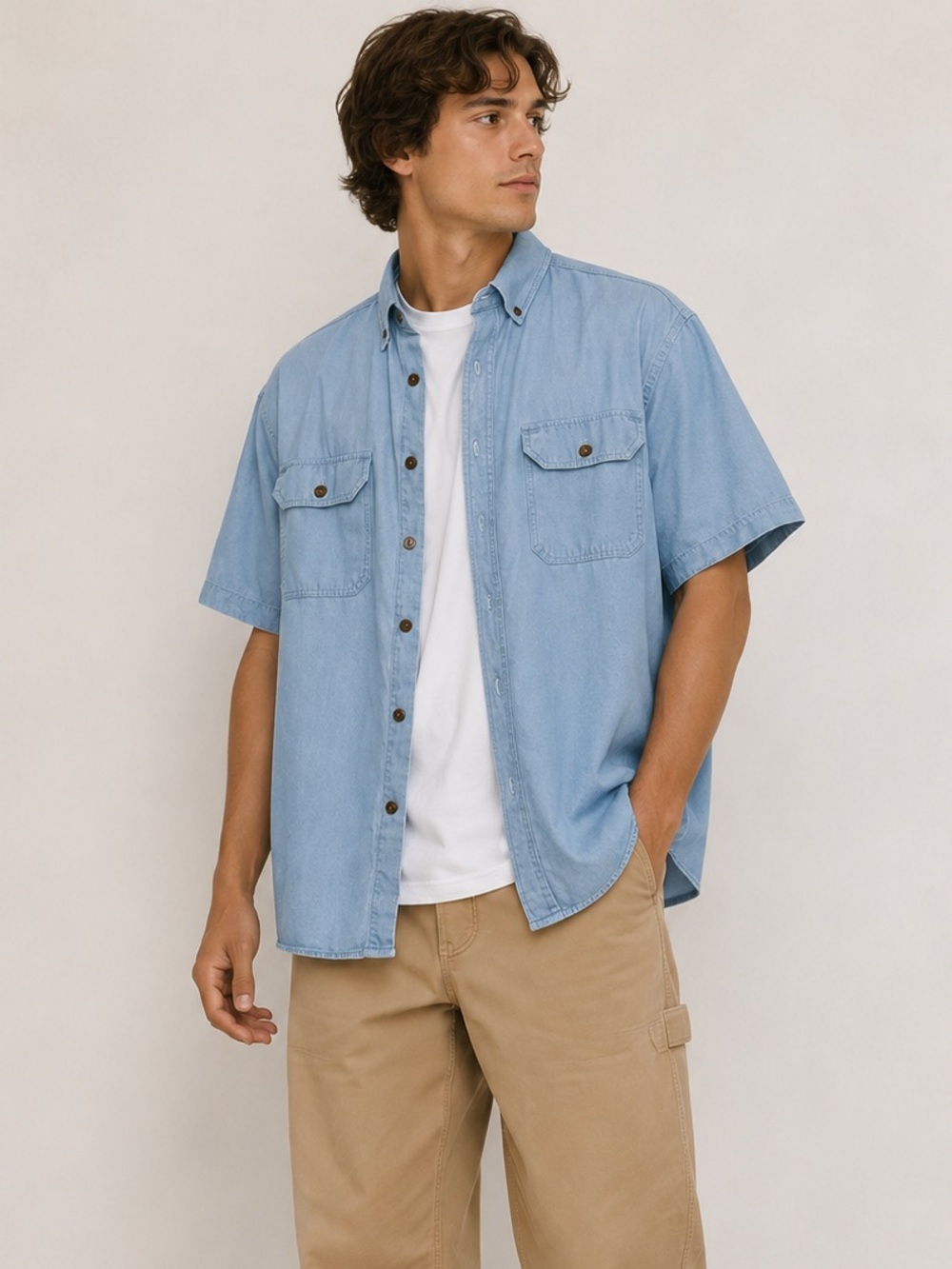 Carhartt Loose Fit Short Sleeve Button Up Shirt Large Light Blue Workwear